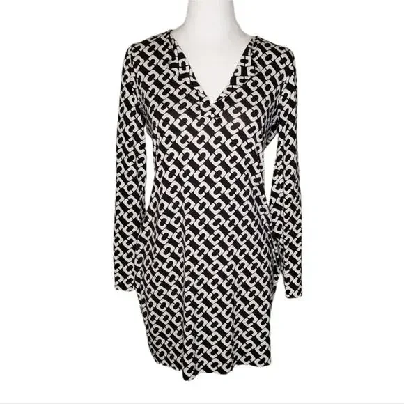 Diane Von Furstenberg Reina Silk Chain Link Shift Dress Black White Size 10 - Picture 6 of 12